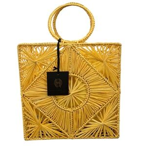 House of Harlow 1960 Raffia by Nicole Ritchie Yellow Woven Tote Handbag NWT